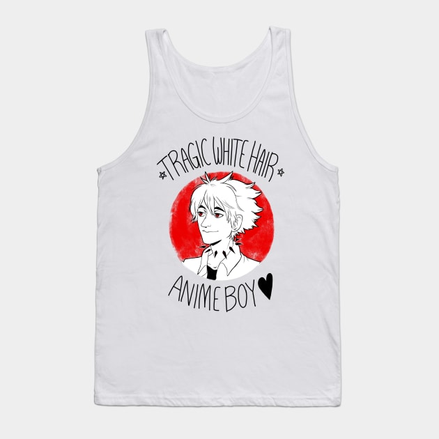 Tragic White Hair Anime Boy - Black Font Tank Top by riadoodles